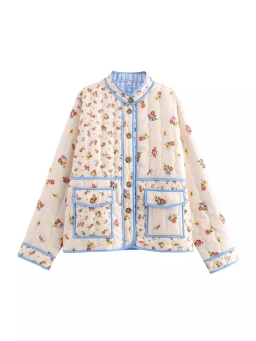 Chaqueta Acolchada Floral Vintage para Mujer Manga Larga Cuello Alto Abotonadura Sencilla Abrigo Mezcla Algodón Casual