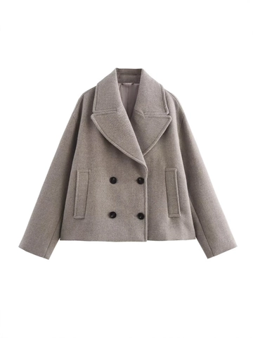 Dames Double Breasted Imitatie Wollen Jas Revers Losse Casual Herfst Winter Korte Jas Met Zakken Effen Kleur