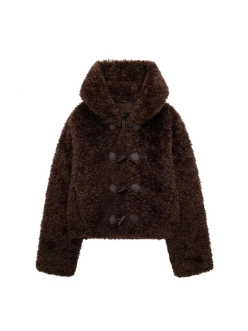 Giacca da Donna in Pelliccia Sintetica con Cappuccio e Alamari Cappotto Invernale Texture Sherpa Manica Lunga Marrone