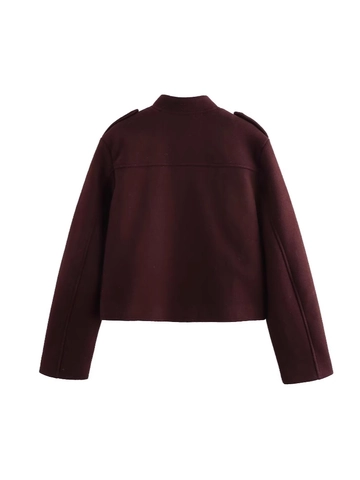 Giacca Corta da Donna in Lana Rosso Vino Vintage Con Bottoni Dorati Spalline Maniche Lunghe Risvolto Casual Autunno Inverno