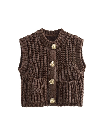 Women Street Style Round Neck Chunky Knit Cardigan Vest With Gold Buttons And Pockets Solid Color Sleeveless Sweater Top