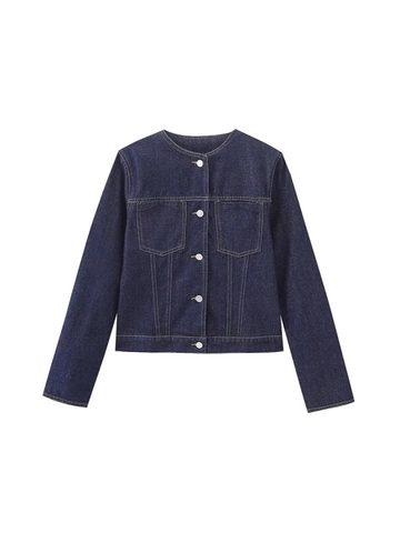 Women's Vintage Round Neck Denim Jacket Long Sleeve Button Down Coat With Pockets Solid Color Contrast Stitching Casual Outerwear