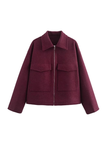 Damen Weinrot Jacke in Wolloptik Mit Reißverschluss Reverskragen Große Taschen Streetwear Mode Lässiger Kurzer Mantel