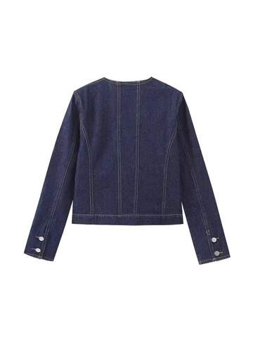 Women's Vintage Round Neck Denim Jacket Long Sleeve Button Down Coat With Pockets Solid Color Contrast Stitching Casual Outerwear