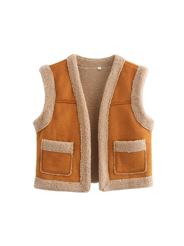 Women Retro Faux Suede Lamb Wool Vest Sleeveless V Neck Sherpa Trim Open Front Brown Waistcoat Outerwear With Pockets