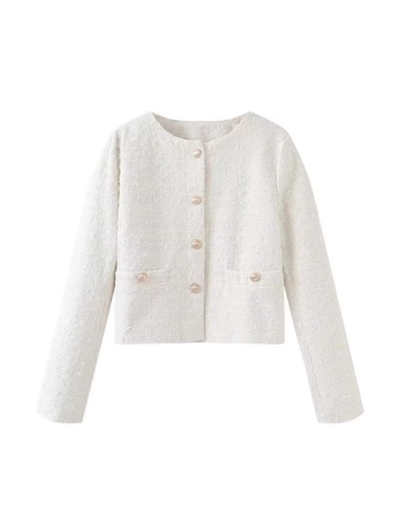 Women's French Style Tweed Jacket Cream White Round Neck Single Breasted Gold Button Short Cardigan Autumn Elegant Outerwear