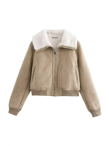 Damen Mode Wildlederimitat Jacke Mit Lammfellimitat Kragen Reißverschluss Kurzmantel Streetwear Rippensaum Khaki Oberbekleidung