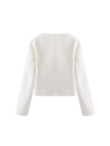 Women's French Style Tweed Jacket Cream White Round Neck Single Breasted Gold Button Short Cardigan Autumn Elegant Outerwear