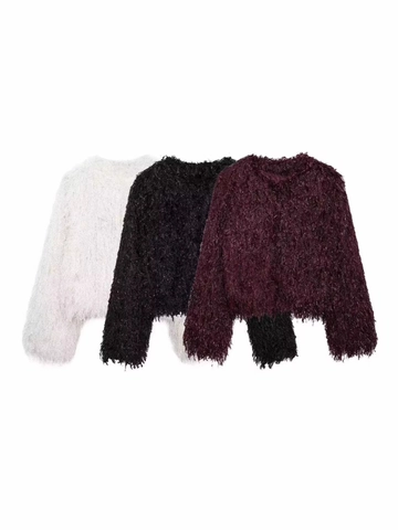 Chaqueta de Piel Sintética con Borlas para Mujer Cuello Redondo Manga Larga Borde Metálico Abrigo de Invierno Cálido Fiesta Streetwear