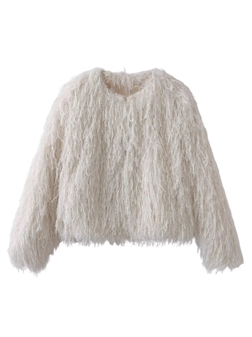 Chaqueta de Piel Sintética con Borlas para Mujer Cuello Redondo Manga Larga Borde Metálico Abrigo de Invierno Cálido Fiesta Streetwear