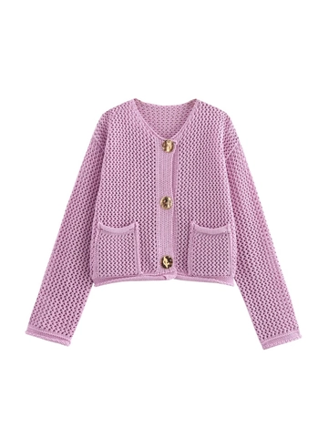 Gilet en Tricot Vintage pour Femmes Ajouré Col en V Boutons Dorés Style Élégant Pull Court Avec Poches Haut à Manches Longues