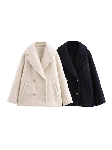 Dames Double Breasted Granulaire Wollen Jas Reverskraag Kort Jack Met Zijzakken Effen Kleur Herfst Winter Bovenkleding