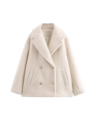 Dames Double Breasted Granulaire Wollen Jas Reverskraag Kort Jack Met Zijzakken Effen Kleur Herfst Winter Bovenkleding