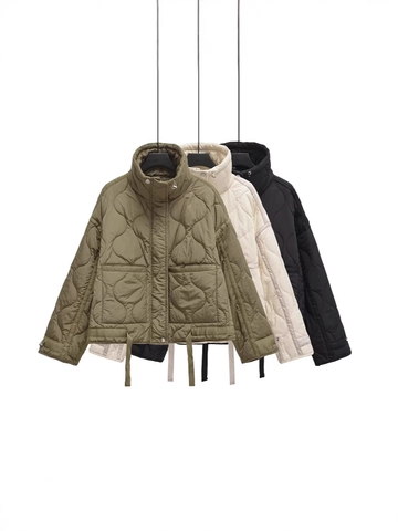 Women Loose Quilted Padded Jacket Stand Collar Zip Up Puffer Coat with Pockets Wave Pattern Warm Polyester Outerwear