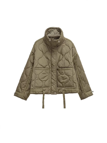 Women Loose Quilted Padded Jacket Stand Collar Zip Up Puffer Coat with Pockets Wave Pattern Warm Polyester Outerwear