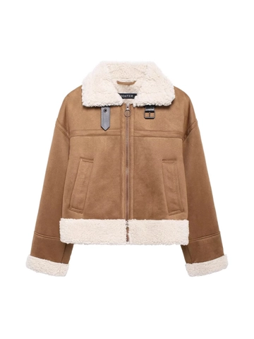 Giacca Aviatore da Donna Vintage in Finta Scamosciata Marrone Patchwork Lana di Agnello Spessa Calda Giacca Invernale