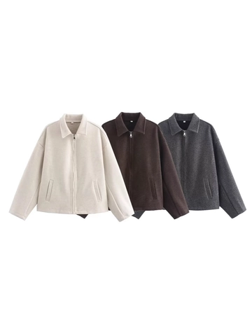 Women Casual Zipper Up Jacket Solid Color Lapel Collar Drop Shoulder Outerwear Streetwear Loose Fit Short Coat For Autumn Winter