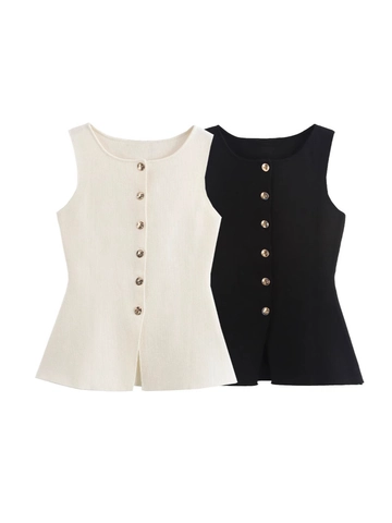 Women Knit Sleeveless Peplum Vest Round Neck Gold Button Decor Slim Ribbed Tank Top For Daily Streetwear Office Lady