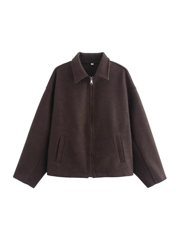 Women Casual Zipper Up Jacket Solid Color Lapel Collar Drop Shoulder Outerwear Streetwear Loose Fit Short Coat For Autumn Winter
