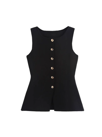 Women Knit Sleeveless Peplum Vest Round Neck Gold Button Decor Slim Ribbed Tank Top For Daily Streetwear Office Lady