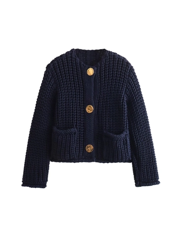 Cárdigan de Punto Grueso para Mujer Suéter Vintage Color Sólido Abotonado Bolsillos Manga Larga Top