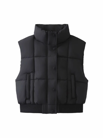 Damen Stehkragen Gesteppte Wattierte Weste Ärmellos Kurz Puffer Jacke Reißverschluss Druckknopf Casual Warme Oberbekleidung