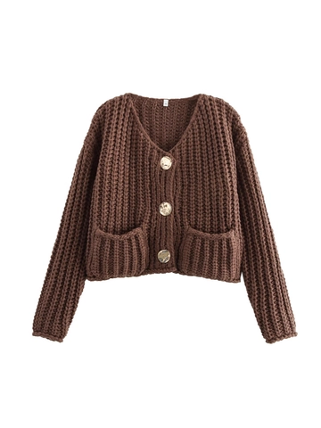 Cárdigan de Punto Grueso para Mujer Suéter Vintage Color Sólido Abotonado Bolsillos Manga Larga Top