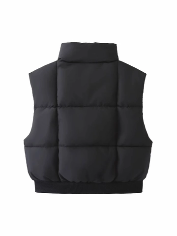Damen Stehkragen Gesteppte Wattierte Weste Ärmellos Kurz Puffer Jacke Reißverschluss Druckknopf Casual Warme Oberbekleidung