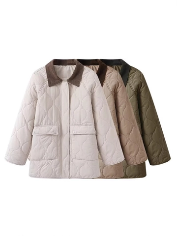 Women Quilted Jacket Contrast Corduroy Lapel Collar Padded Coat Loose Wave Pattern Patchwork Outerwear Large Pockets Winter