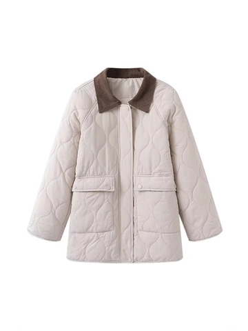 Women Quilted Jacket Contrast Corduroy Lapel Collar Padded Coat Loose Wave Pattern Patchwork Outerwear Large Pockets Winter
