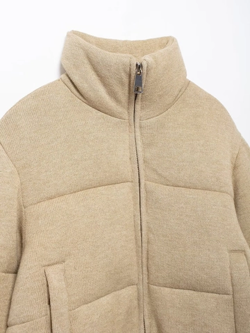 Veste Matelassée Texture Tricotée pour Femmes Col Montant Manteau Court Flocons d'avoine Hiver Chaud Zippée Veste Rembourrée