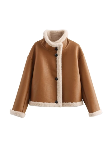 Damen Vintage Kunstleder Lammfellimitat Jacke Kontrastbesatz Locker Einreihig Warm Winter Outerwear Casual Mantel