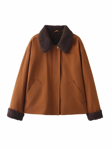 Chaqueta de Solapa Forrada de Sherpa de Imitación para Mujer Otoño Invierno Suelta Streetwear Bloque de Color Abrigo Corto Acolchado Caramelo