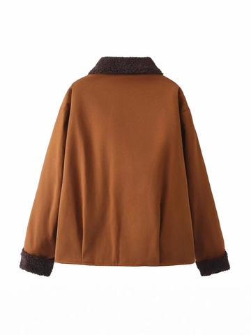 Chaqueta de Solapa Forrada de Sherpa de Imitación para Mujer Otoño Invierno Suelta Streetwear Bloque de Color Abrigo Corto Acolchado Caramelo