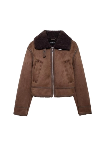 Women Faux Suede Shearling Aviator Jacket Warm Lapel Zipper Short Coat Autumn Winter Streetwear Brown Fashion Outerwear