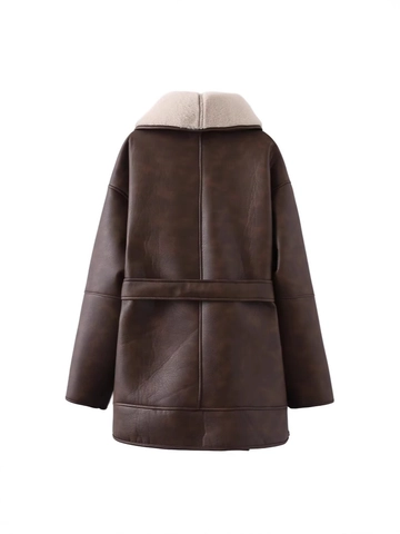 Abrigo de Piel Sintética para Mujer Largo Medio Cuero PU Bloque de Color Con Cinturón Solapa Chaqueta de Streetwear Cálida de Invierno
