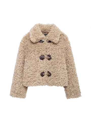 Women Vintage Lamb Wool Jacket Faux Fur Coat With Leather Buckle Lapel Long Sleeve Warm Short Outwear Apricot
