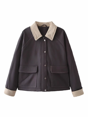 Chaqueta Vintage para Mujer con Cuello de Pana en Contraste Abrigo Acolchado Color Block Estilo Workwear Casual Outwear