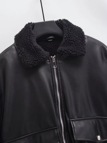 Giacca Bomber da Donna in Ecopelle PU con Collo in Pelliccia Sintetica Tasche con Cerniera Giubbotto Biker Invernale Caldo Streetwear