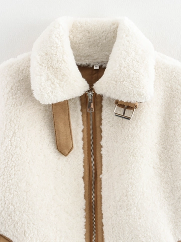 Damen Vintage Lammfellimitat Sherpa Jacke Off White Braun Patchwork Fleece Biker Jacke Dick Warm Revers Reißverschluss Oberbekleidung