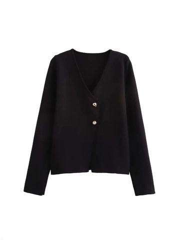 Women Casual V Neck Knit Cardigan With Gold Buttons Long Sleeve Polyester Sweater Top For Autumn Winter Streetwear