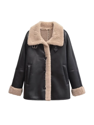 Women Casual Loose Faux Shearling Lined PU Leather Jacket Vintage Black Aviator Coat With Faux Fur Trim Autumn Winter Outwear