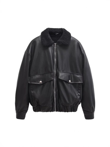 Giacca Bomber da Donna in Ecopelle PU con Collo in Pelliccia Sintetica Tasche con Cerniera Giubbotto Biker Invernale Caldo Streetwear