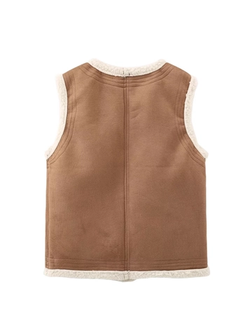 Gilet da Donna Casual in Finta Pelle Scamosciata Lana di Agnello Senza Maniche Girocollo Bottoni Metallo Tasche Capispalla Autunno