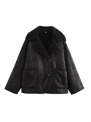 Women Casual Faux Shearling Coat Large Lapel Single Breasted Streetwear Warm Loose Fleece Jacket With Dual Pockets