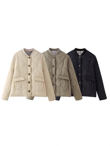Women Quilted Jacket With Leopard Print Lining Stand Collar Lightweight Puffer Coat With Flap Pockets Casual Warm Outerwear