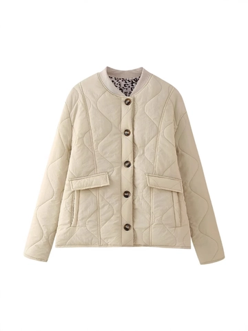 Women Quilted Jacket With Leopard Print Lining Stand Collar Lightweight Puffer Coat With Flap Pockets Casual Warm Outerwear