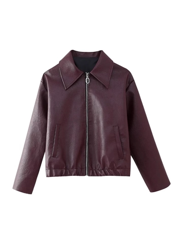 Giacca da Donna Casual in Pelle PU Tinta Unita Risvolto Cerniera Capispalla Manica Lunga Giacca da Motociclista Autunno