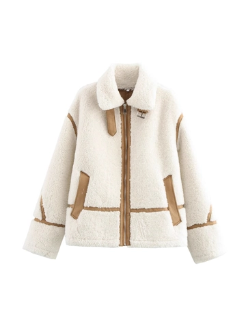 Damen Vintage Lammfellimitat Sherpa Jacke Off White Braun Patchwork Fleece Biker Jacke Dick Warm Revers Reißverschluss Oberbekleidung