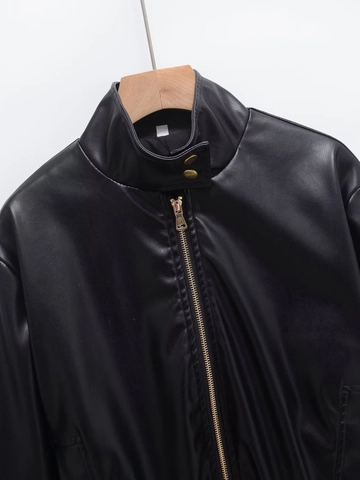 Vintage PU Faux Leather Jacket Women Biker Style Stand Collar Short Coat Loose Fit Long Sleeve Outerwear Solid Black